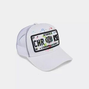 Christian Rose London Iconic II Trucker Mesh Hat White Paint Splatter Plate Cap
